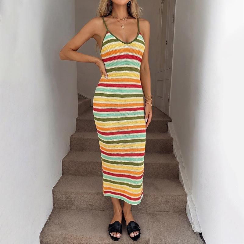 Womens Striped Backless Bodycon High Waist Knit Suspender Long Dress S