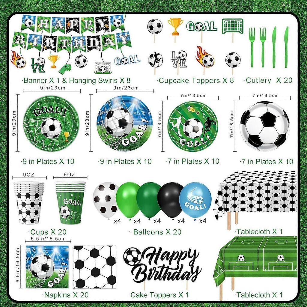 Soccer Birthday Party Decorations Include Plates, Napkins, Cups, Cutlery, Banner, Balloons, Tablecloth, Cake & Cupcake Toppers for Sports Soccer Theme