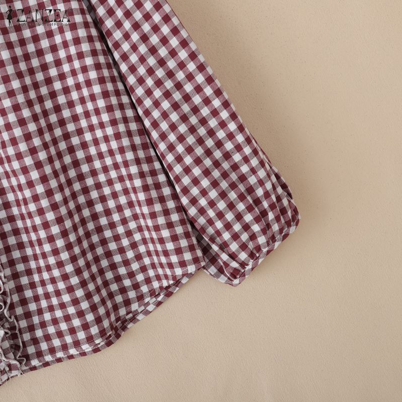ZANZEA Women Casual V-neck Plaid Print Loose Long Sleeve Blouse