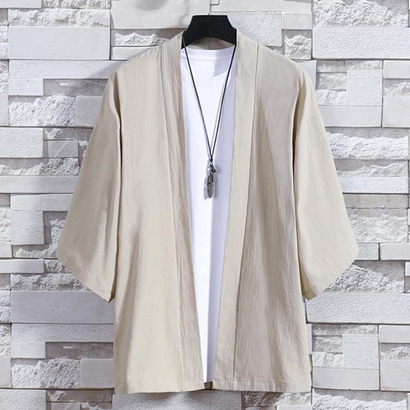 

Мужские кимоно с открытой строчкой, японские куртки, повседневная хлопковая рубашка с рукавами 3/4, пальто с открытой передней частью, легкие льняные топы 5XL хаки