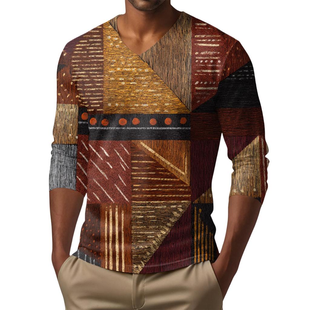 Men's V-neck Casual Fashion Printed Long-sleeved T-shirt Top