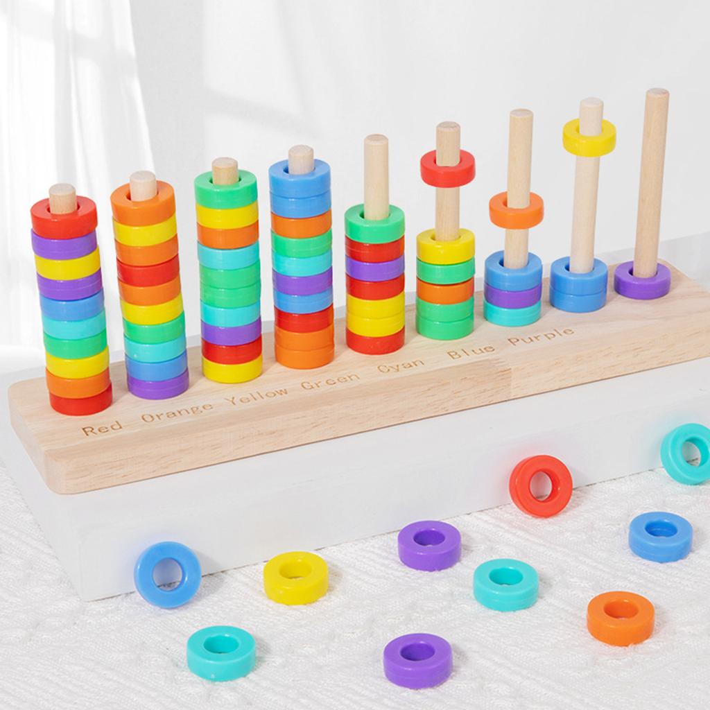 Wooden Color Stack Game with Racks Rings Color Stack Match Game Educational for Ages 3 and Up Boys Girls Gift