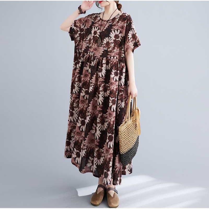 Loose and Fashionable Printed Cotton Linen Short Sleeved Casual Dress