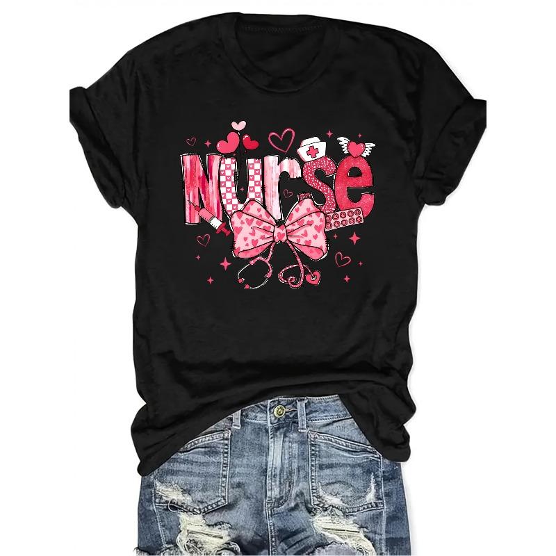 

European Size Women s Nurse Graphic T-Shirt with Stethoscope, Heart & Bow Print - Symbols (Vital Signs) - Soft Stretch Crew Neck Short Sleeve 4XL