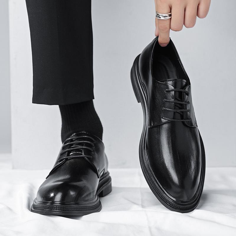Casual leather shoes summer patent leather glossy small leather shoes black lace-up business dress groom wedding trendy shoes