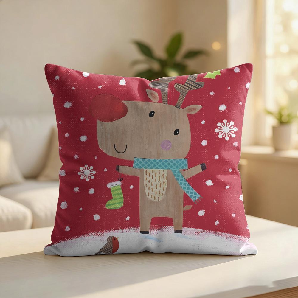 CUTE Christmas Reindeer Cushion Cover Silky Short Plush Invisible Zipper Dustproof Sofa Pillow Case For Home Decor