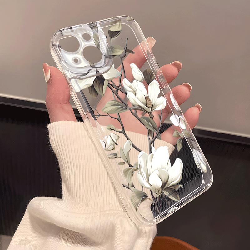 White Magnolia pattern phone case suitable for iPhone 17 16 15 14 13 12 11 Pro/Max/Plus anti drop and shockproof back cover