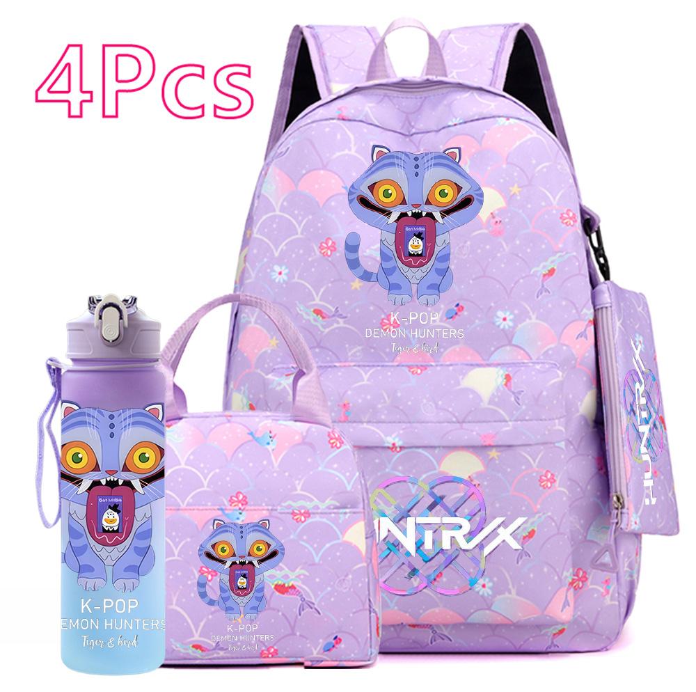 4Pcs/set Anime Cute Printed Backpack Large Capacity Bookbag HandBag Case Bag with 750ml Water Bottler Boy Girl SchoolBag Waterproof Mochila
