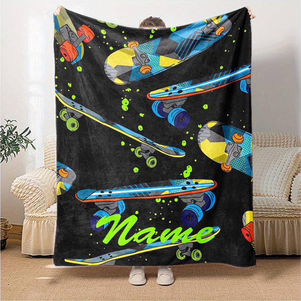 Custom Name skateboard Theme Printed Blanket - Perfect for Couch, Bed, Travel & Outdoor Use | Machine Washable, Cozy & Durable.