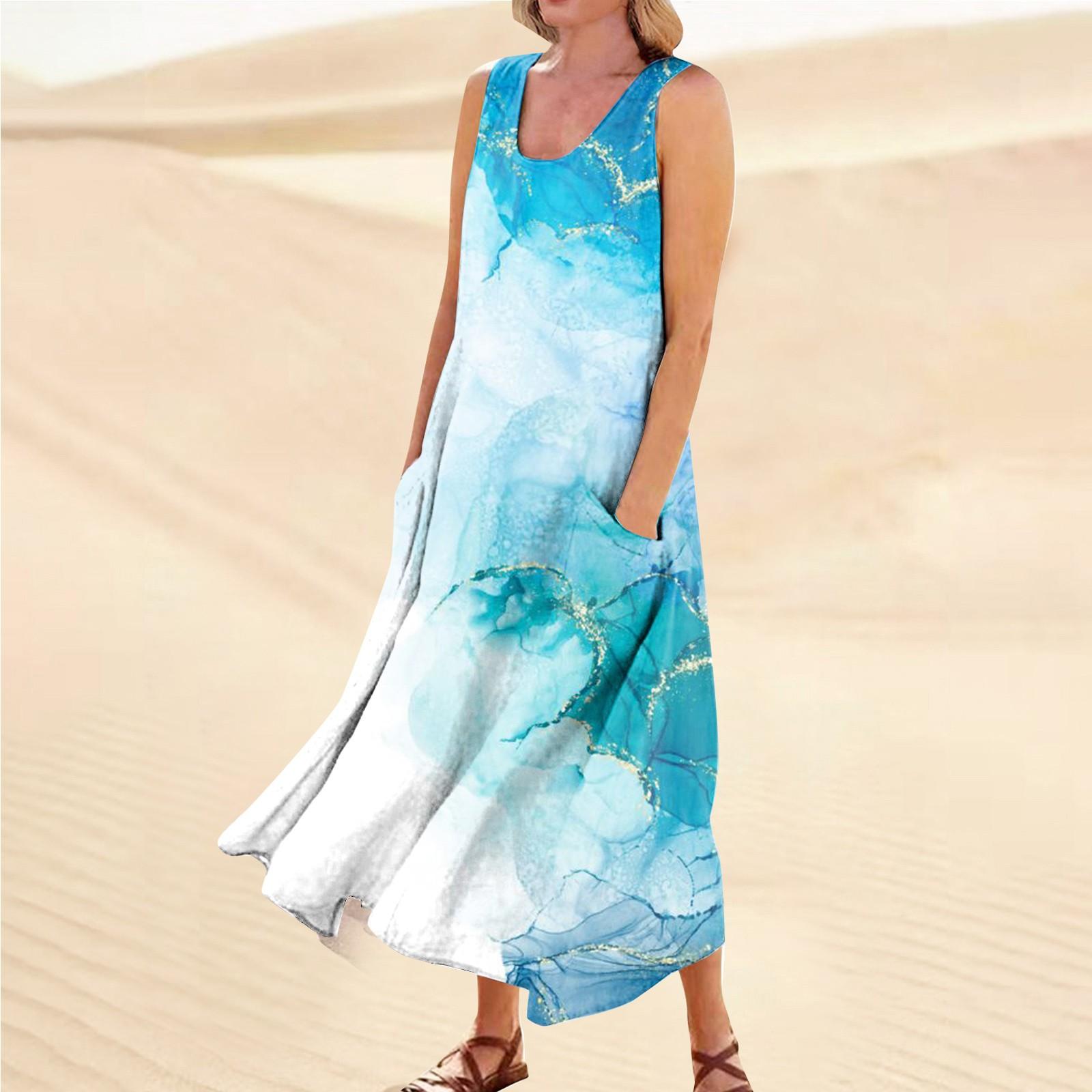 

Женское летнее повседневное модное платье без рукавов с карманом и круглым вырезом XXXXXL синий