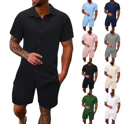 Men's Summer Solid Color Short Sleeve Button Lapel Shirt Shorts Set