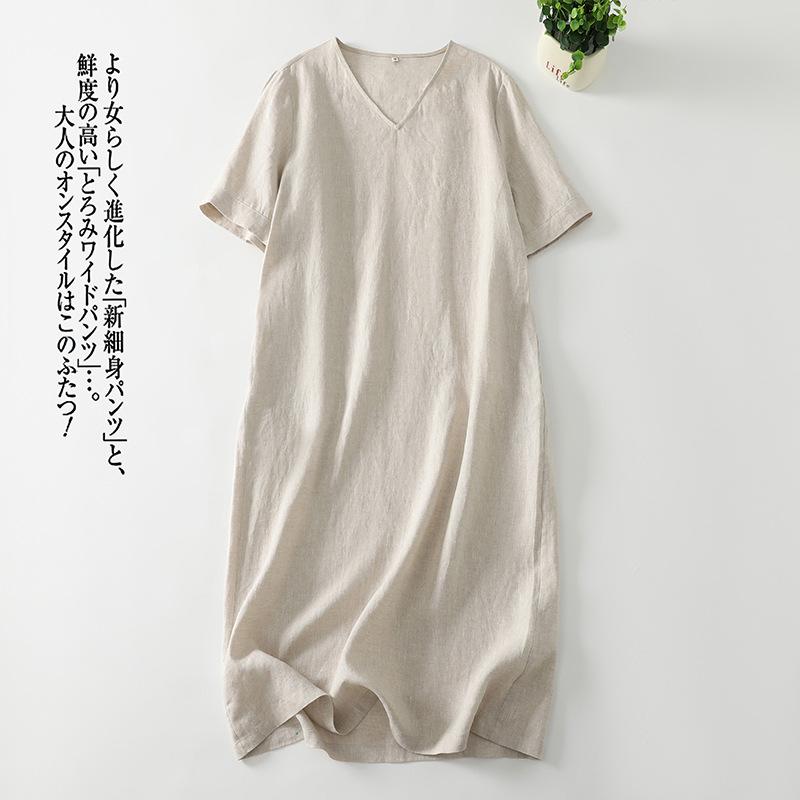 Real Shot Summer New Literary Loose Solid Color Cotton and Linen V-neck Short-sleeved Dress Women's Clothing Medium and Long