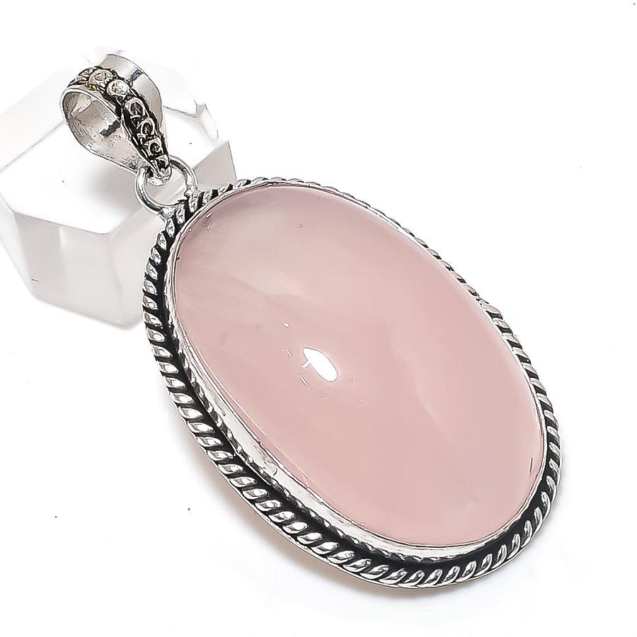 Natural Rose Quartz Gemstone 925 Sterling Silver Jewelry Pendant 2.17" H0y28