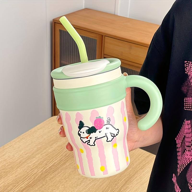 

700 мл автомобильная кружка-термос с милым котом из нержавеющей стали SUS316, переносная большая емкость для путешествий, с ручкой и соломинкой в подарок на день рождения 601-700ml зелёный