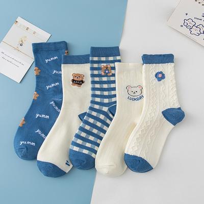 Ladies Spring and Autumn New Checkered Blue Bear Breathable Tube Cotton Socks