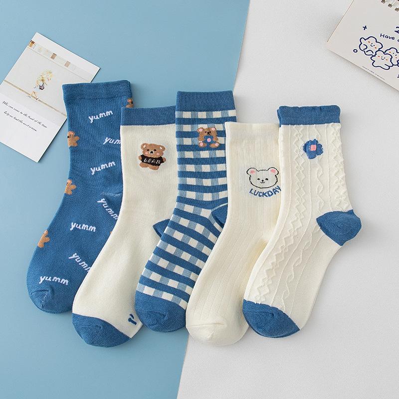 Damen Frühling und Herbst Neue Karierte Blaue Bären Atmungsaktive Röhren Baumwollsocken