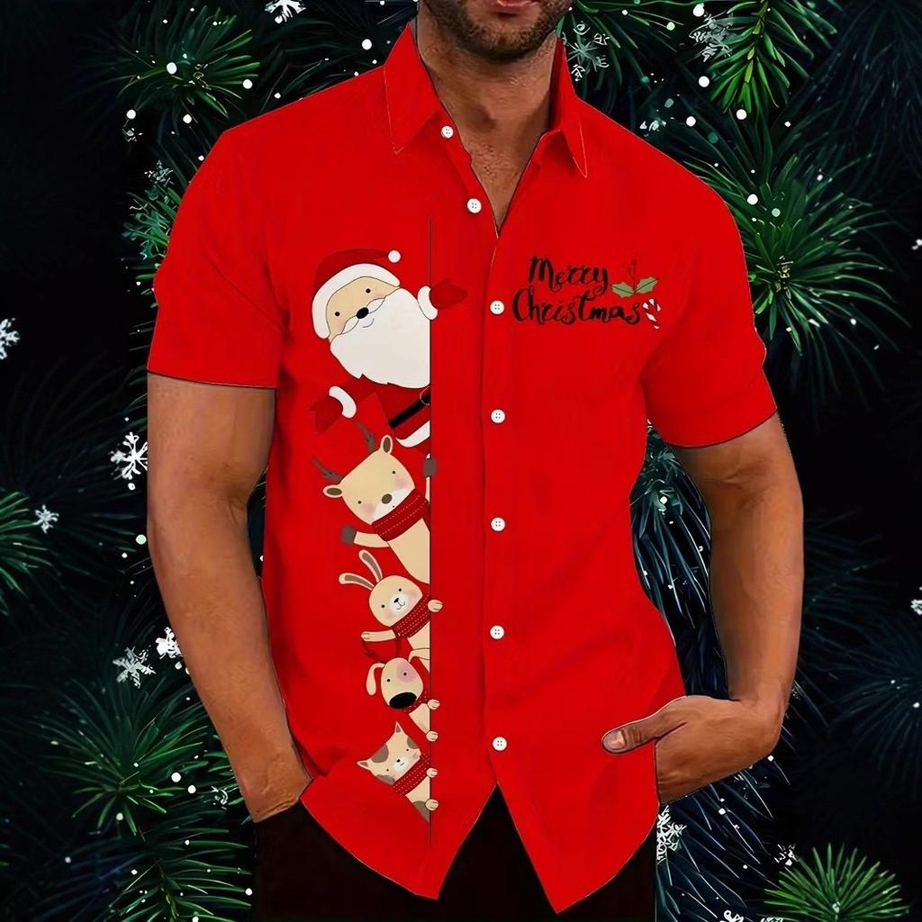 Autumn and Winter Men's Short Sleeved Shirt New Year's Christmas Pattern Digital Printed Shirt Top Men's Casual Shirt