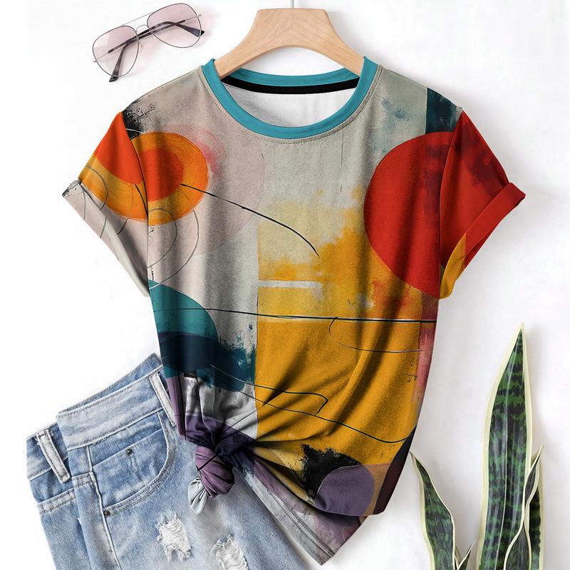 T-shirt da donna estiva a girocollo a maniche corte con motivo astratto stampato in 3D, artistica, leggera, casual e alla moda