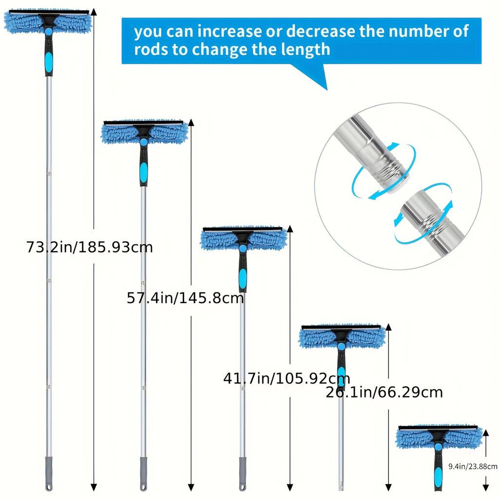 2-in-1 High Window Cleaning Scraper Set (Includes 1 Rotating Head and 4 Replaceable Brush Heads) (Includes Extension Pole)