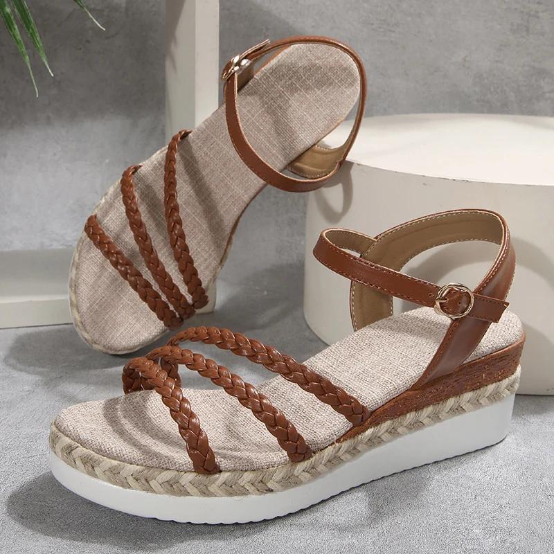 Fashion Summer Woven Cross Band Wedge Sandals Women Plus Size Ankle Buckle Platform Sandles Woman Thick Bottom Gladiator Sandalias Mujer