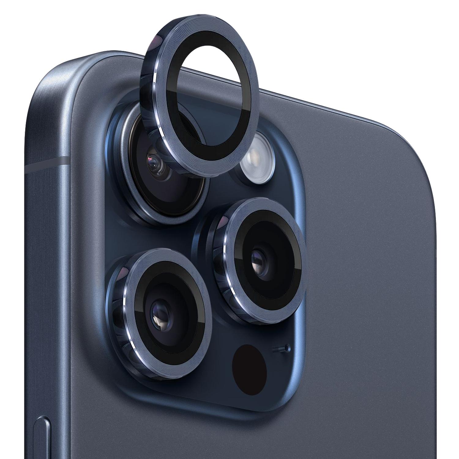 

NORTHJO 1 Set For iPhone 15 Pro/15 Pro Max Camera Lens Film CD Vein Metal Ring+Tempered Glass Lens Film Blue
