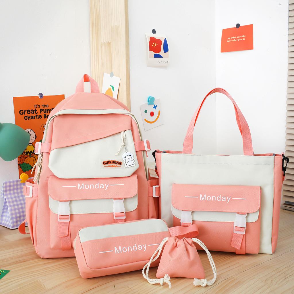 Four-piece Schoolbag Korean Version Simple Junior High School High School Campus Student Bag College Student Backpack Fresh Cute Backpack