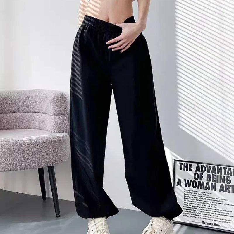 

Летние женские брюки из ледяного шелка, новые, с эластичной высокой талией, карманами, принтом, модные, свободные, минималистичные, повседневные, прямые L чёрный