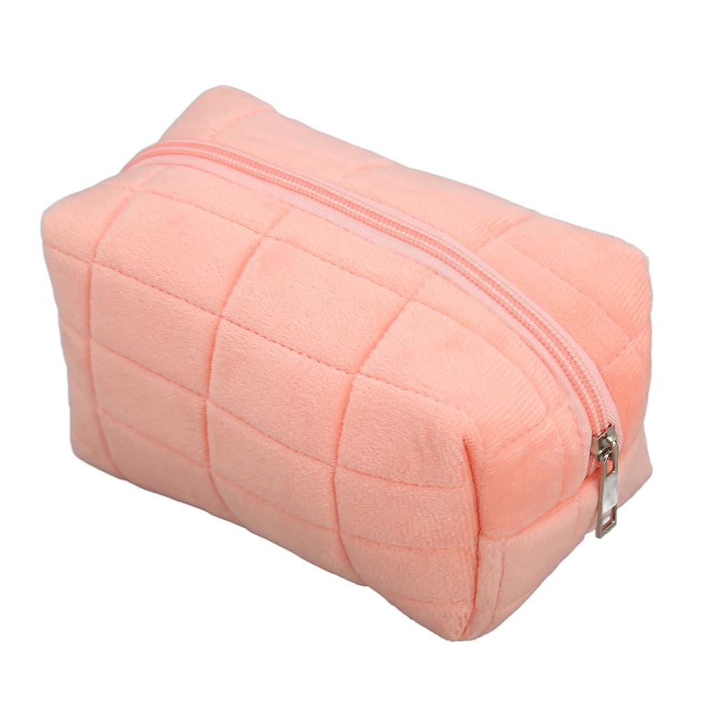 Women Makeup Storage Bag Large Capacity Soft Plush Zipper Closure Checkered Cosmetic Bag