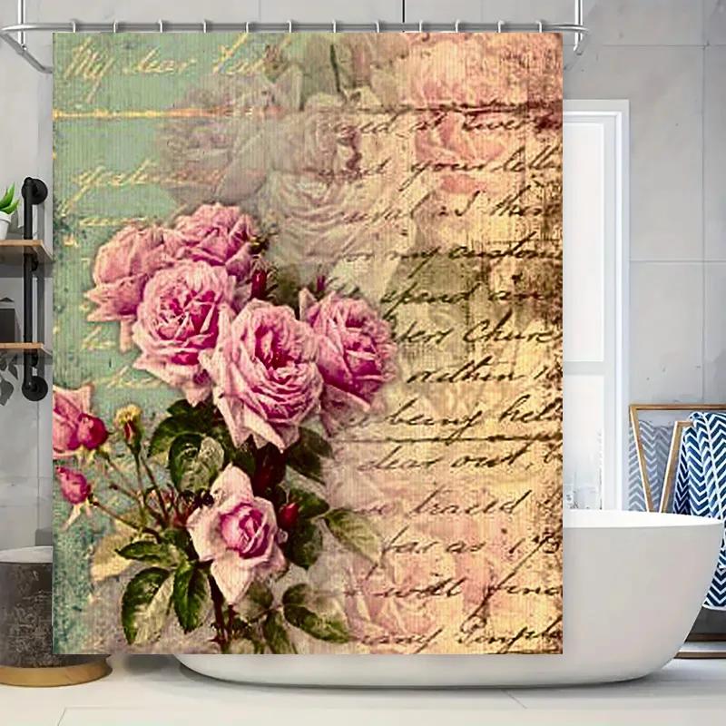 

Vintage Floral Print Shower Curtain Fabric Bathroom Decoration Waterproof Bath Mat 3D Pink Rose Red Decor Shrink-Proof Curtain W W60H190(CM)-1 Pcs