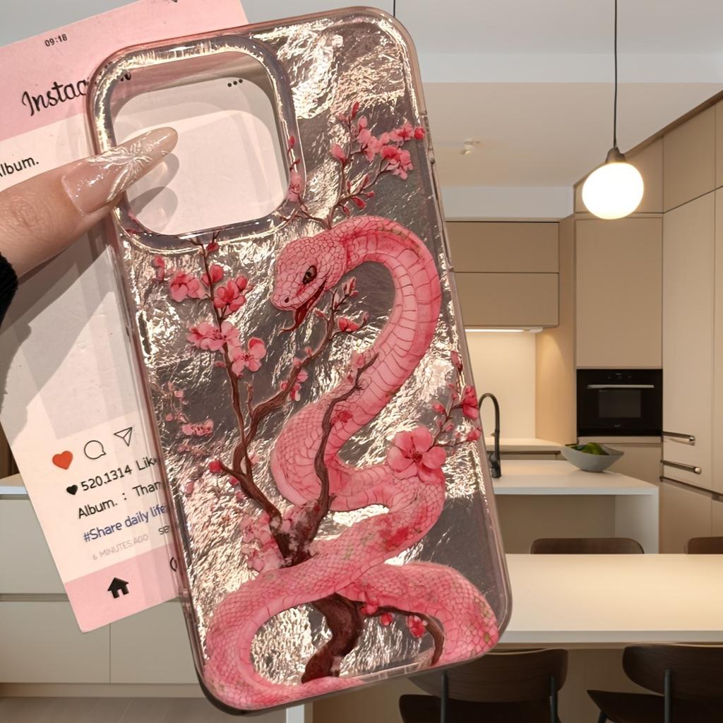 Pink Plum Flower and Snake Illustration Phone Case for iPhone 16 15 Pro Max 14 13 12 11 XS X XR 7 8 15 Plus SE