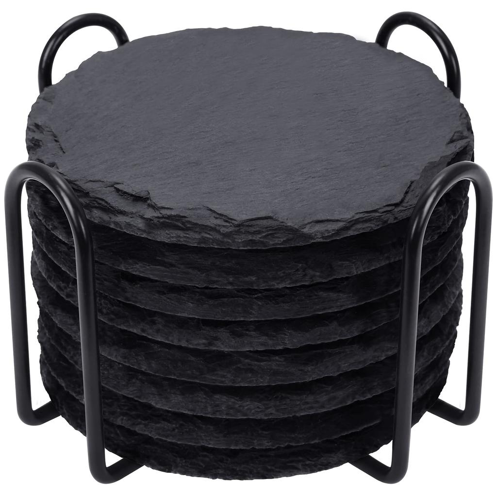 Coasters Black Slate 8pcs Drink Coasters With Metal Holder Stone Coaster Set Coffee Table Decor Tabletop Protection