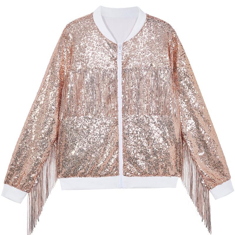 Giacca da Donna Oversize con Frange di Paillettes Manica Lunga Zip-Up Casual Streetwear Blazer da Festa