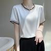 Women's Ice Silk Short Sleeve T-Shirt, Loose Fit, Plus Size, Mesh Patchwork, Round Neck, Spring Top.