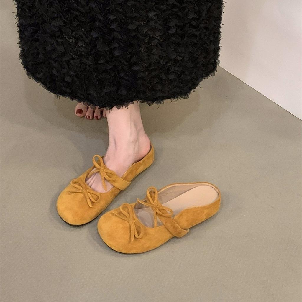 Innenhöhe erhöhen Retro Wildleder Schleife Tasche Kopf halbe Pantoffeln Damenschuhe tragen neue silberne Einzelschuhe