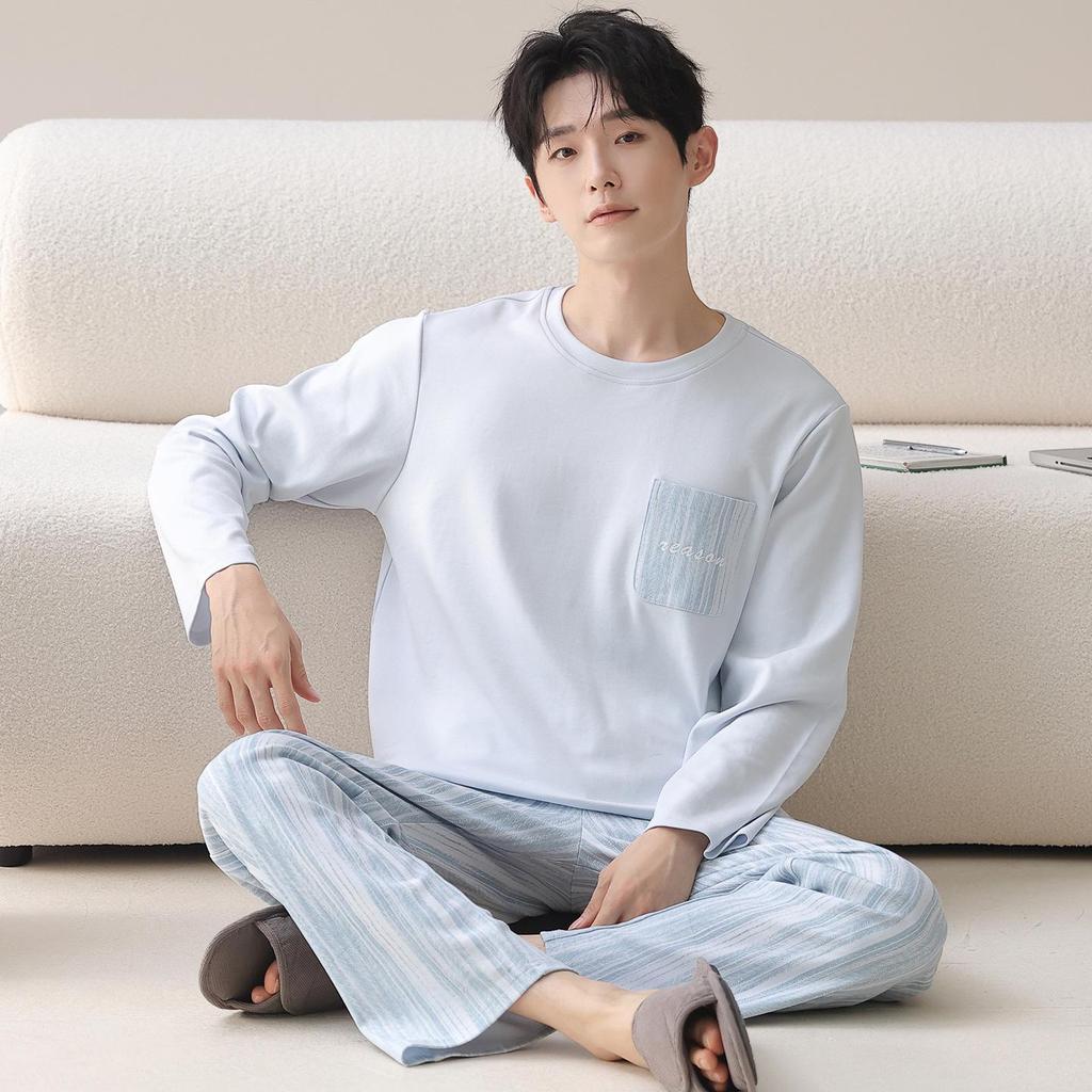 Men's 100% Cotton Long Sleeve & Pants Pajama Set - Korean Style Casual Homewear for Indoor/Outdoor Use