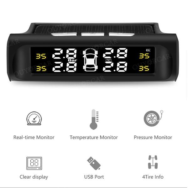 Mașină inteligentă TPMS Sistem de monitorizare a presiunii în anvelope Energie solară Digital TMPS Afișaj LCD Alarma de securitate automată USB Senzor de presiune în anvelope