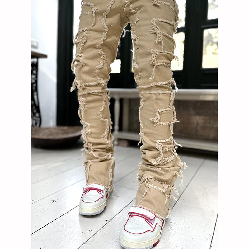 Men's Fashion Patch Jeans Slim Stretch Micro Lapped Straight Trousers