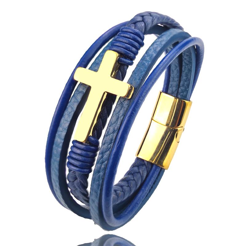 New Arrival Classic Stainless Steel Blue Cross Braided Genuine Leather Bracelets Magnetic Clasp Mens Charm Bangles Wholesale