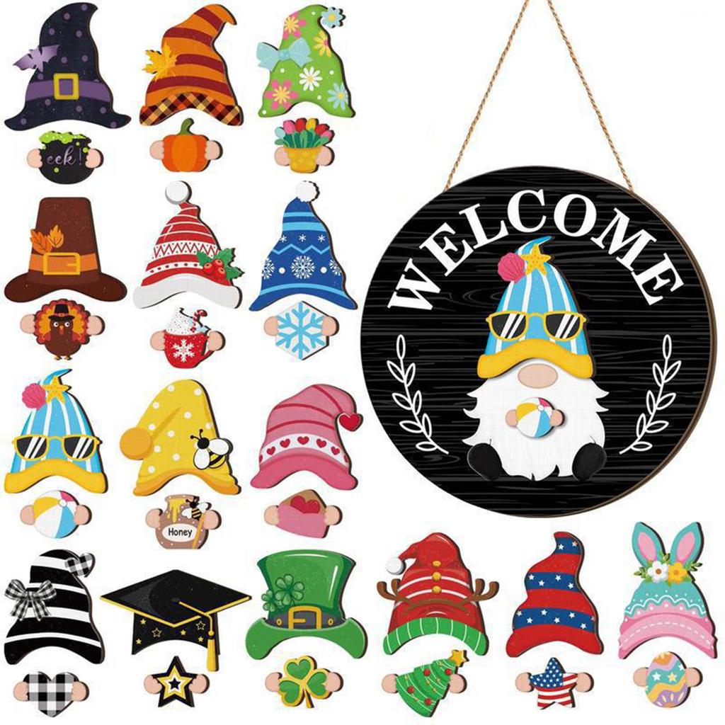 Halloween Gnome Welcome Sign with Magnetic Removable Hats DIY Gnome Door Sign Decor Multi-Purpose Creative Wood Decoration Plate