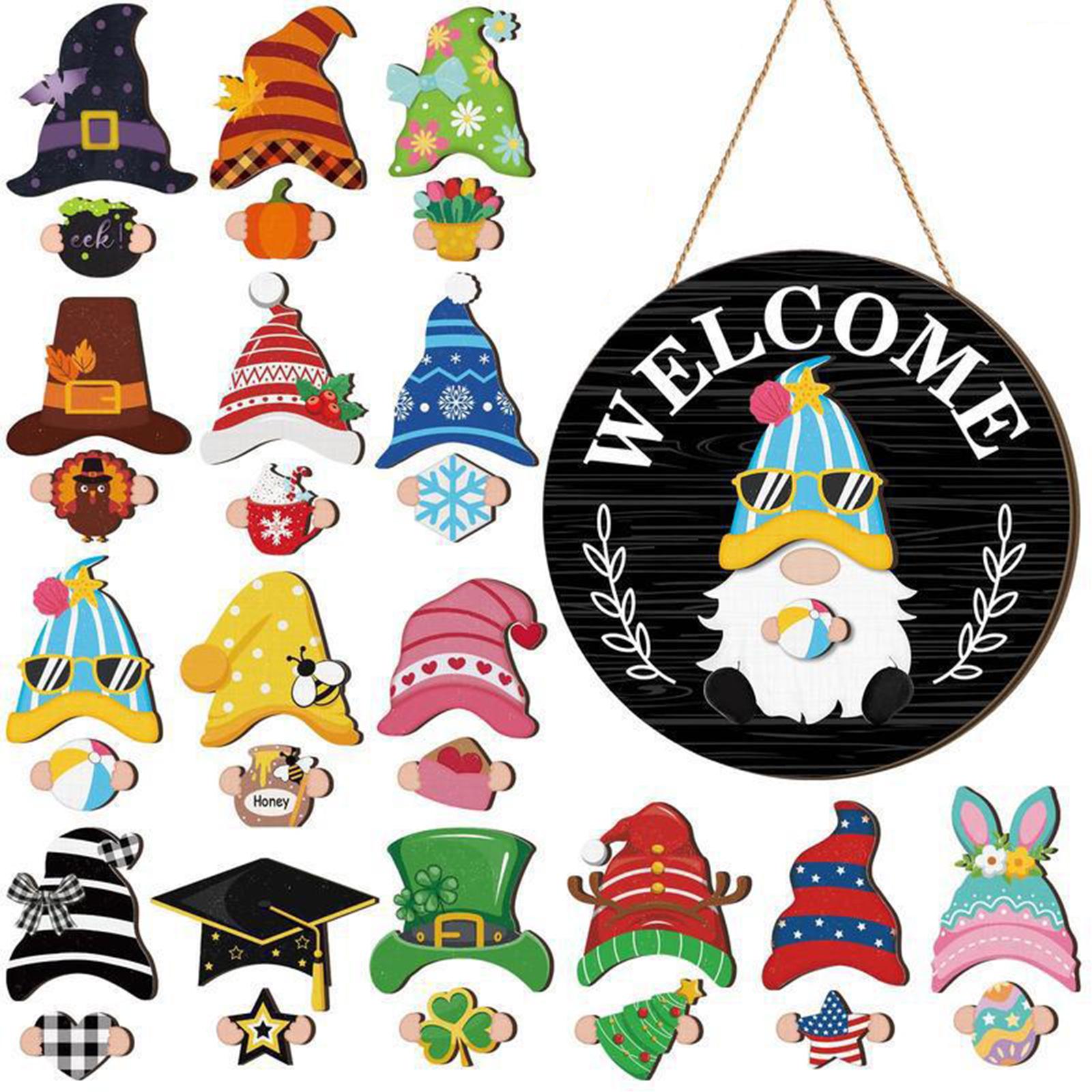 

Dwarf Wooden Sign with Magnetic Removable Hats DIY Gnome Door Sign Decor Multi-Purpose for Front Doors Porches Wall Decor