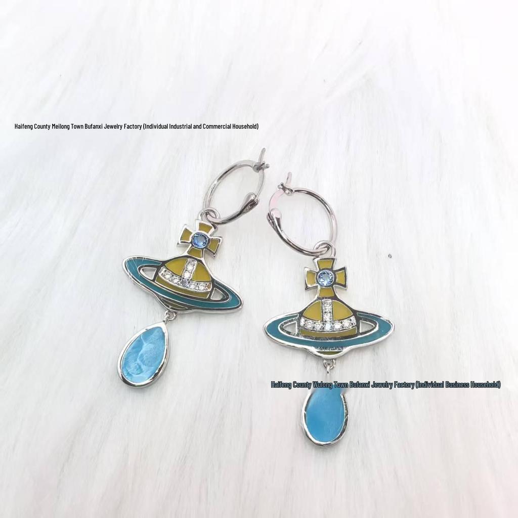 Concetta Cixi Glass Saturn Set: Necklace, Bracelet, Stud Earrings - Women's Luxurious Punk Clavicle Chain