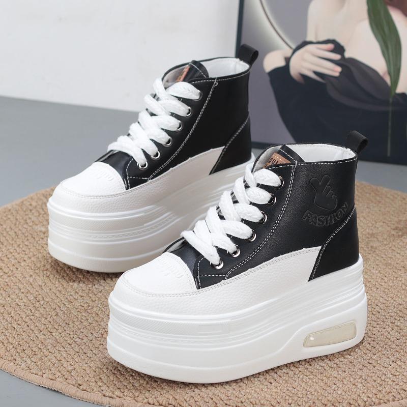 

Модные осенние женские высокие кожаные туфли, кроссовки на платформе и танкетке, массивная обувь, скрытый каблук 8 см, белые, черные, женская повседневная обувь 34