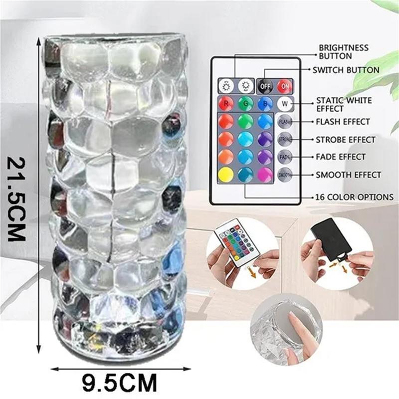 LED elmas kristal masa lambası su damlası projektör 3/16 renkli dokunmatik ayarlanabilir romantik elmas atmosfer ışığı USB dokunmatik gece lambası ev dekorasyon