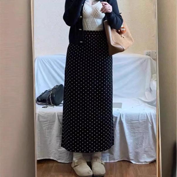 New Autumn/Winter Girls' Black Polka Dot Midi Skirt, Slimming A-line with Split, Perfect for Pear-Shaped Figures