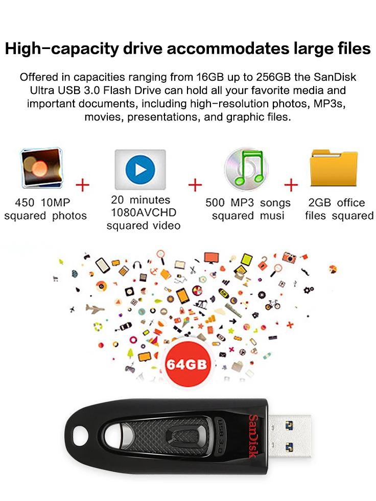 SanDisk 128GB Ultra USB 3.0 Flash Drive 16GB 32GB 64GB 256GB 512GB Original Memory Stick U Disk Pendrive CZ48 Max 130Mb/s for Computer