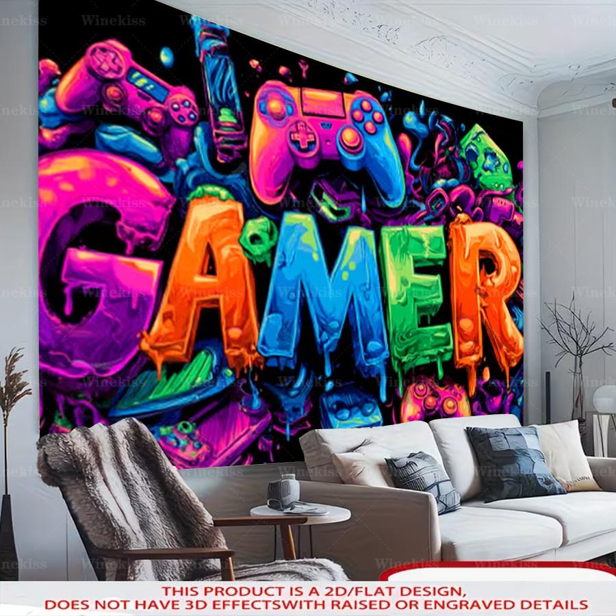 1pc 2D Flat Gaming Theme Party Banner Neon Graffiti Gaming Decor Backdrop For Garden Patio Indoor Outdoor Holiday Celebration Decor