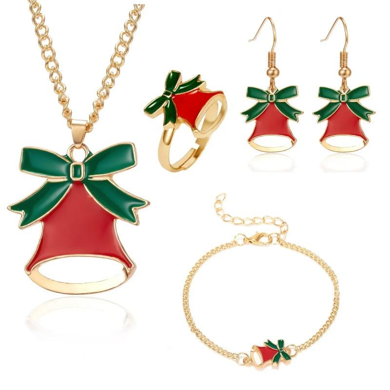 4PCS/Set Christmas Women Alloy Jewelry Set Santa Elk Bell Earrings Necklace Bracelet Decor Xmas Accessories Gift for Girl Women