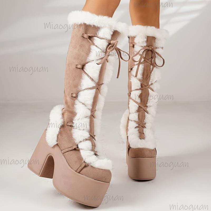 Fashion Shoes Cswo01 Women's Platform Furry Boots For Gothic Style Autumn Winter Khaki Knee-High Boots Chunky Heel Punk Shoes Fashion Size36-43 Cm