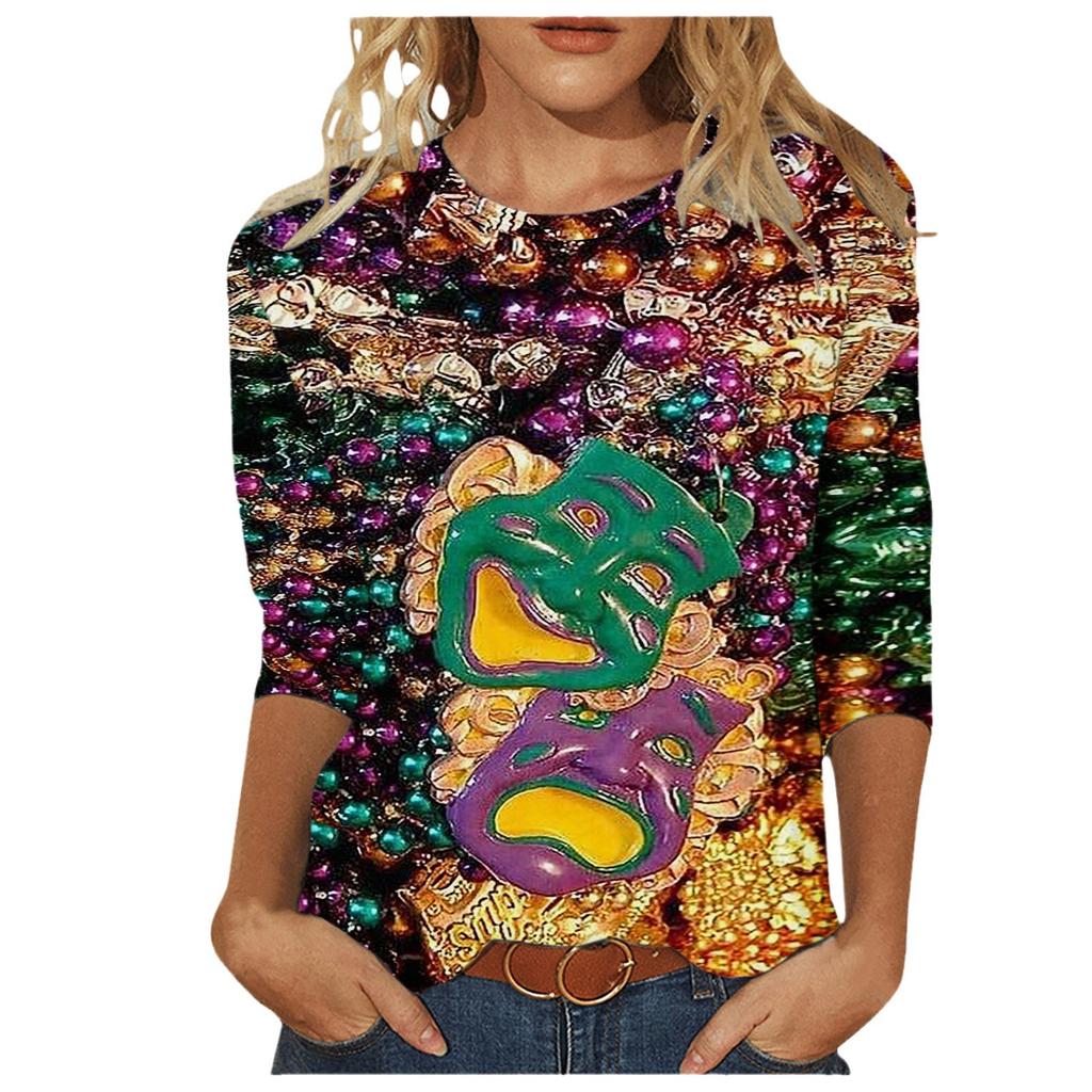 Long Sleeved Glamorous Mask Patterned Top Carnival Themed Printed Women's T-shirts
