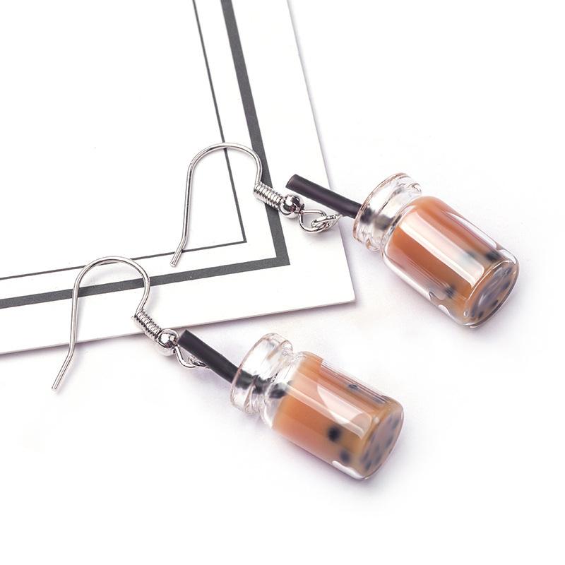 Cartoon Creative Handmade Milk Tea Cup Beverage Bottle Earrings, Funny Cute Mineral Water Bottle Earrings